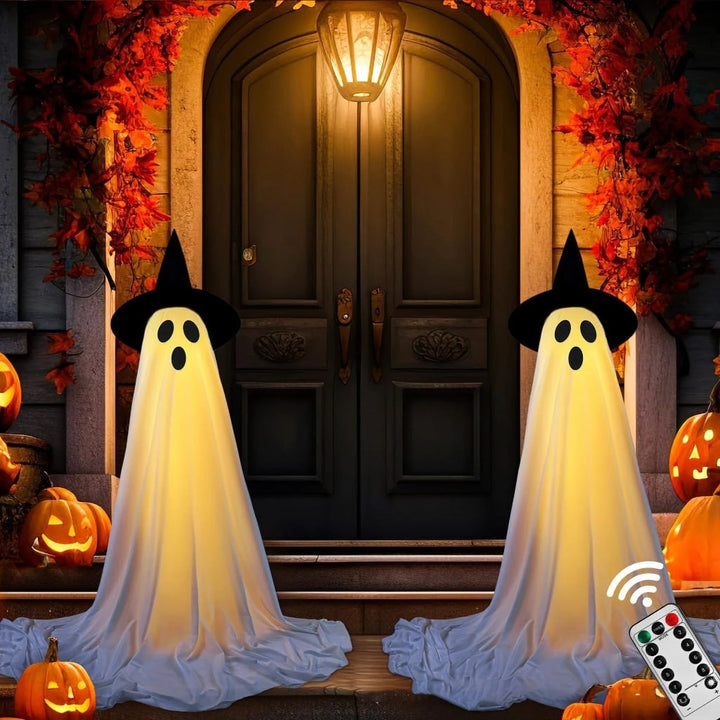 Halloween Ghost Decorations Outdoor with LED Lights and Witch Hats for Yard and Party Display