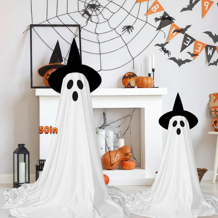 Halloween Ghost Decorations Outdoor with LED Lights and Witch Hats for Yard and Party Display