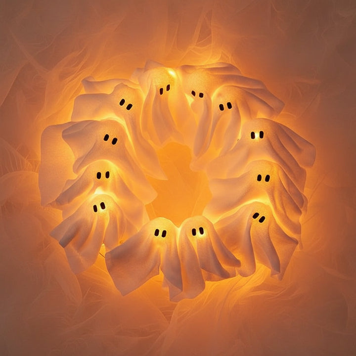 Halloween Ghost Wreath with LED Lights Black Door for Outdoor Decoration and Party