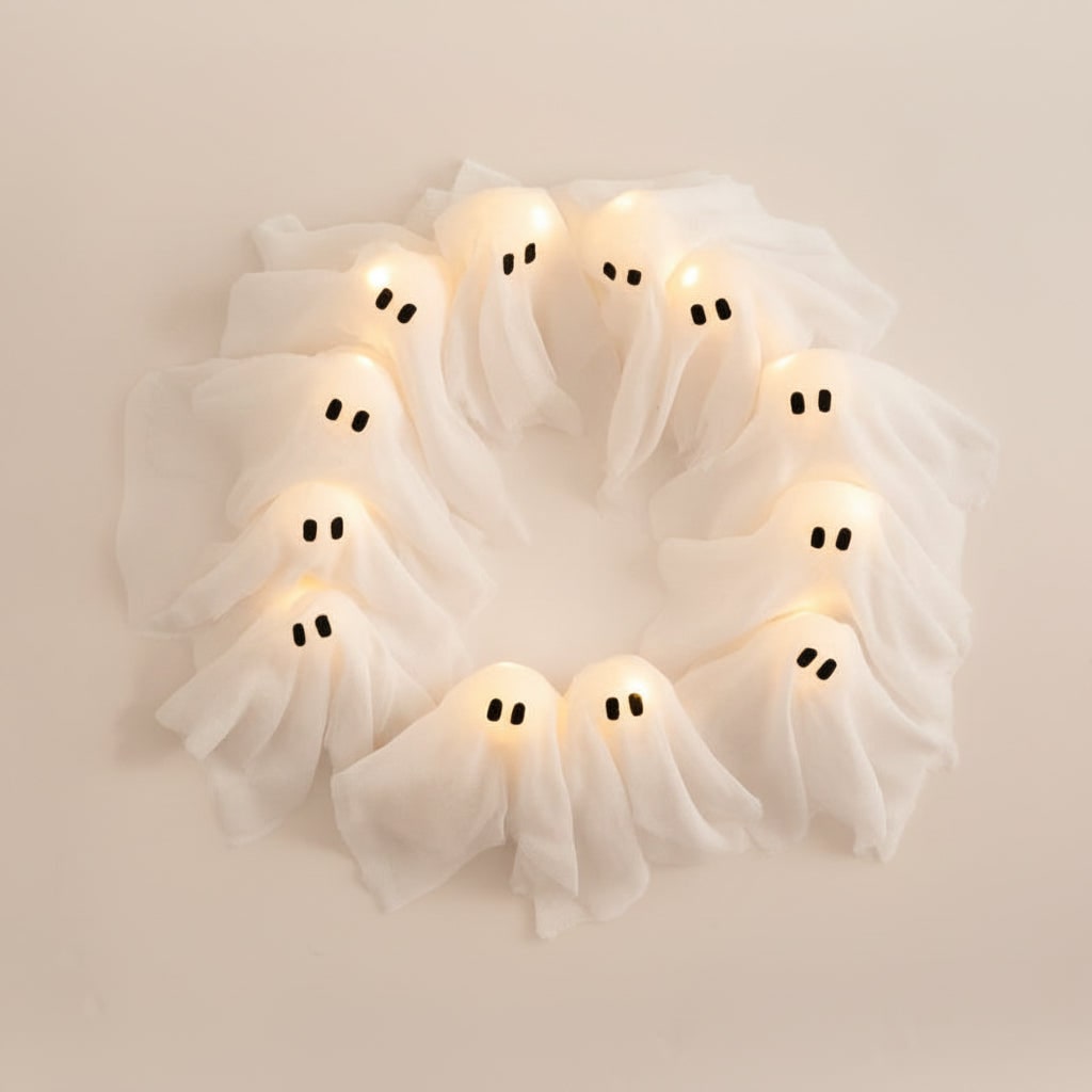 Halloween Ghost Wreath with LED Lights Black Door for Outdoor Decoration and Party