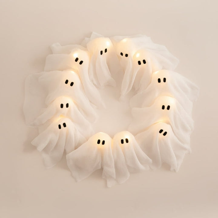 Halloween Ghost Wreath with LED Lights Black Door for Outdoor Decoration and Party