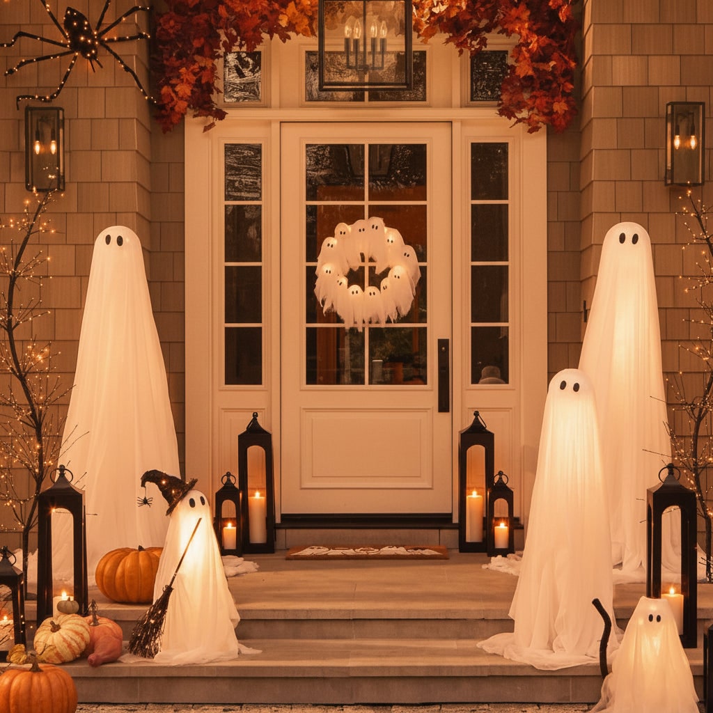 Halloween Ghost Wreath with LED Lights Black Door for Outdoor Decoration and Party