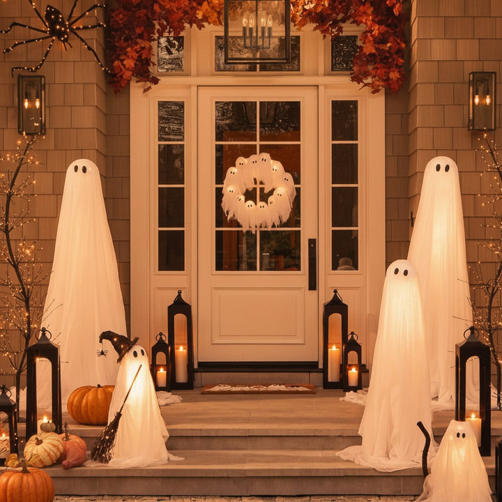 Halloween Ghost Wreath with LED Lights Black Door for Outdoor Decoration and Party