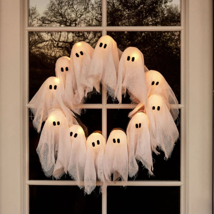 Halloween Ghost Wreath with LED Lights for Door and Outdoor Decoration Fall