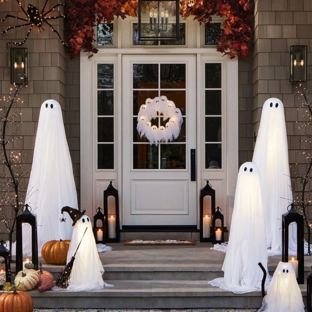 Halloween Ghost Wreath with LED Lights for Door and Outdoor Decoration Fall