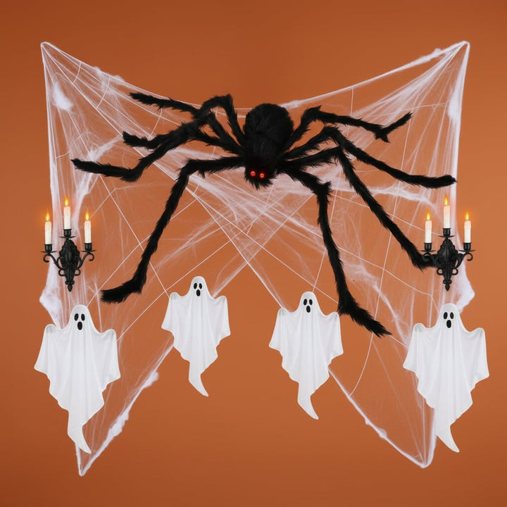 Halloween Giant Spider Decoration with Poseable Legs and Web for Outdoor Yard Party Haunted House