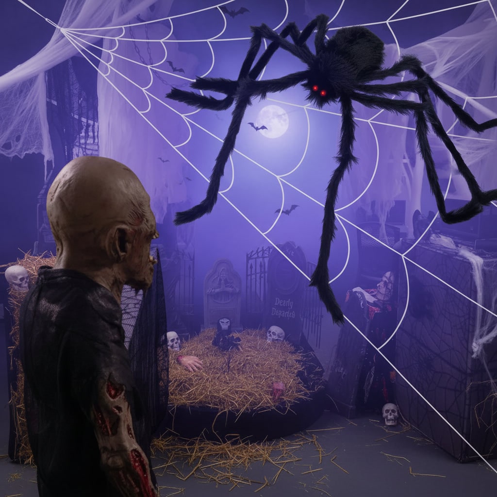 Halloween Giant Spider Decoration with Poseable Legs and Web for Outdoor Yard Party Haunted House