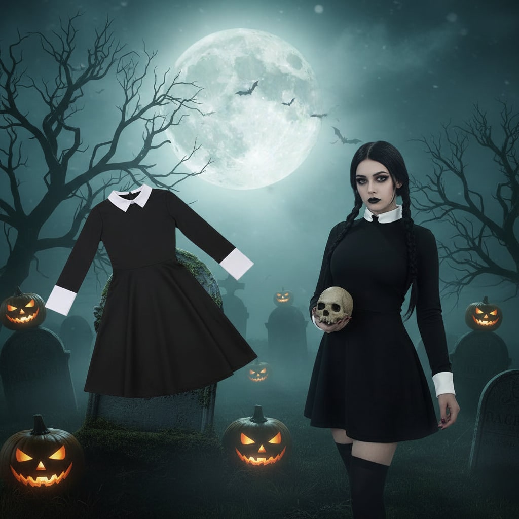 Halloween Gothic Dress Plus Size Costume with White Collar and Long Sleeves