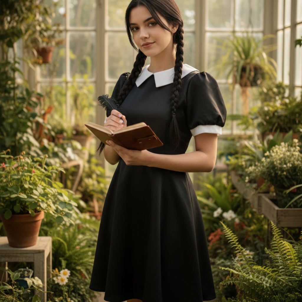 Halloween Gothic Dress Plus Size Costume with White Collar and Long Sleeves