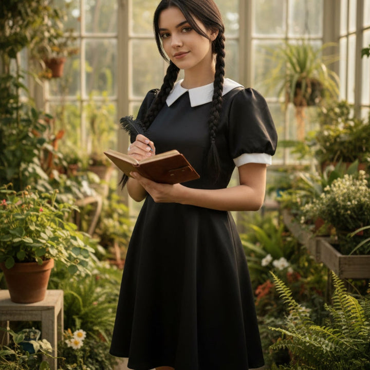 Halloween Gothic Dress Plus Size Costume with White Collar and Long Sleeves