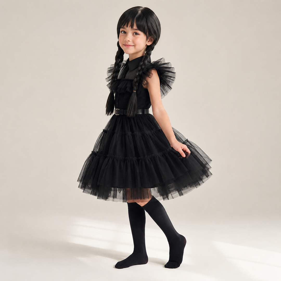 Halloween gothic schoolgirl Costume with Tiered Tulle Skirt Wig Socks and Accessories Set