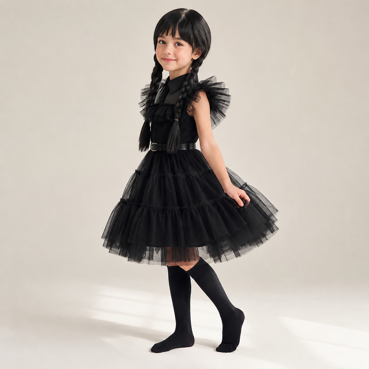 Halloween gothic schoolgirl Costume with Tiered Tulle Skirt Wig Socks and Accessories Set