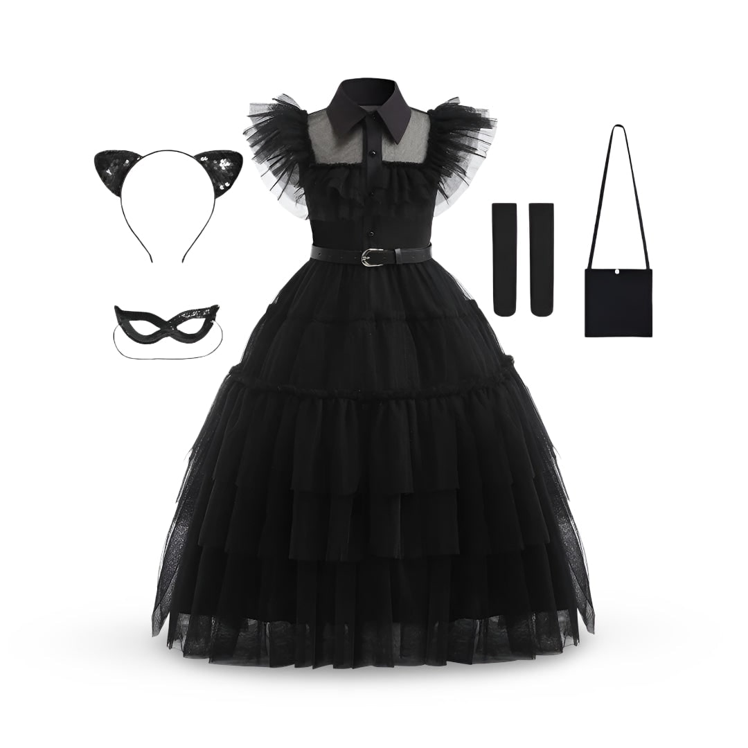 Halloween gothic schoolgirl Costume with Tiered Tulle Skirt Wig Socks and Accessories Set