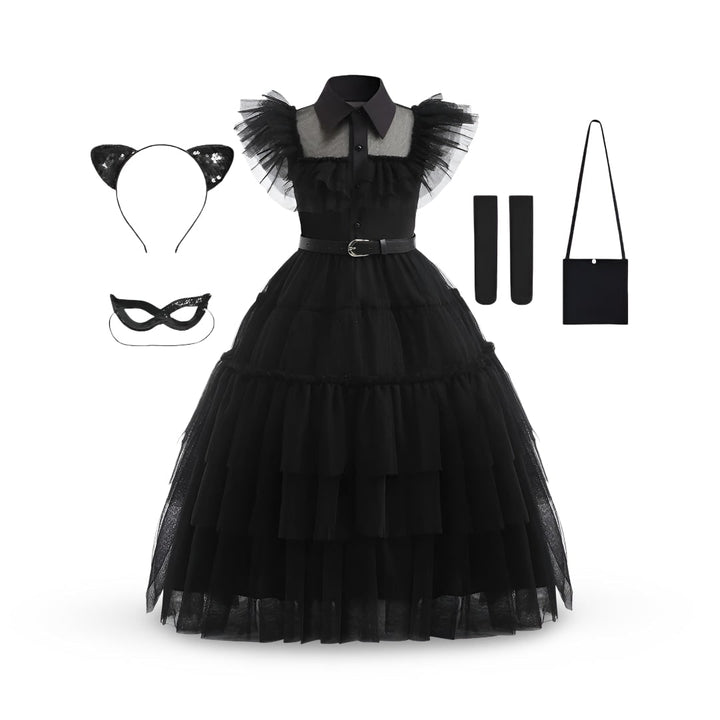 Halloween gothic schoolgirl Costume with Tiered Tulle Skirt Wig Socks and Accessories Set