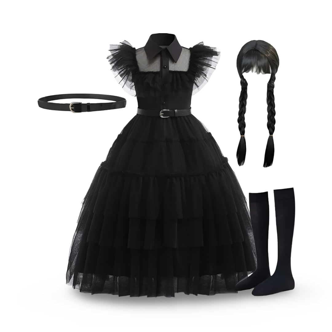 Halloween gothic schoolgirl Costume with Tiered Tulle Skirt Wig Socks and Accessories Set