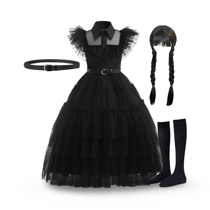 Halloween gothic schoolgirl Costume with Tiered Tulle Skirt Wig Socks and Accessories Set