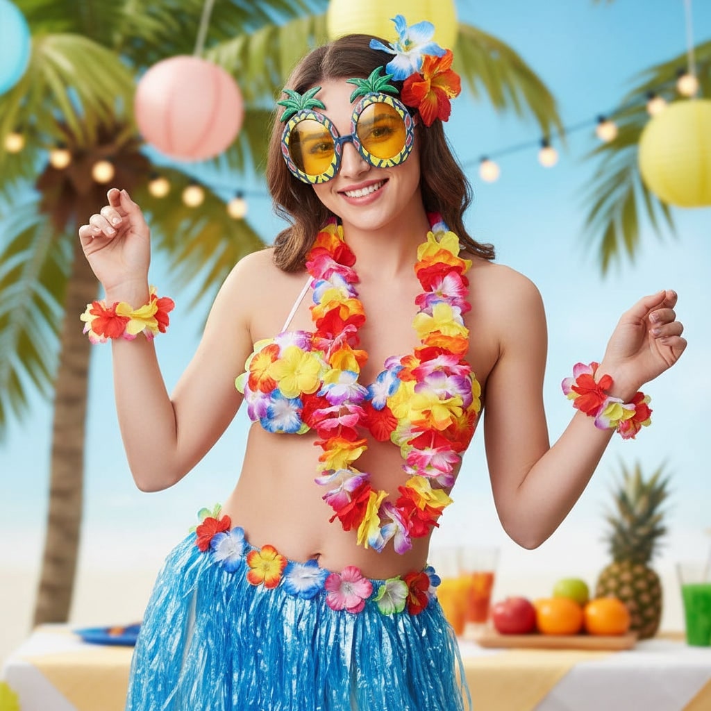 Halloween Grass Skirt Costume Two Piece Set with Floral Lei and Accessories for Hula Party Outfit