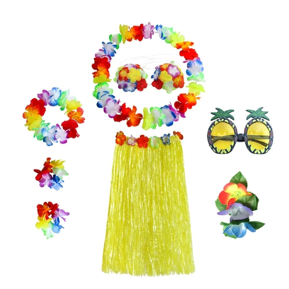 Halloween Grass Skirt Costume Two Piece Set with Floral Lei and Accessories for Hula Party Outfit