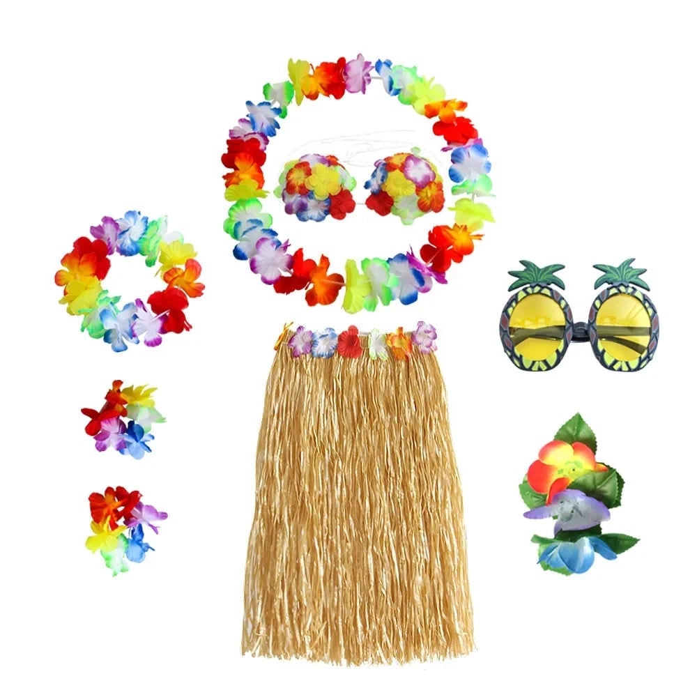 Halloween Grass Skirt Costume Two Piece Set with Floral Lei and Accessories for Hula Party Outfit