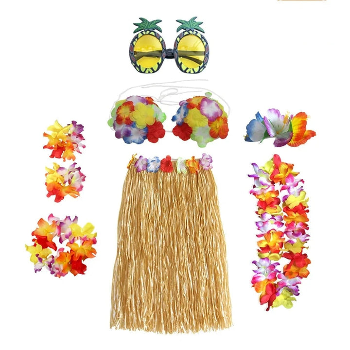 Halloween Grass Skirt Costume Two Piece Set with Floral Lei and Accessories for Hula Party Outfit