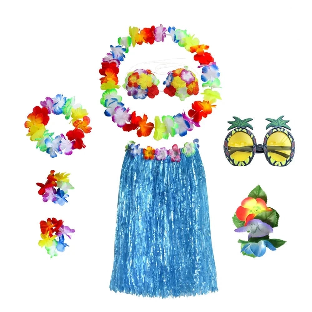 Halloween Grass Skirt Costume Two Piece Set with Floral Lei and Accessories for Hula Party Outfit