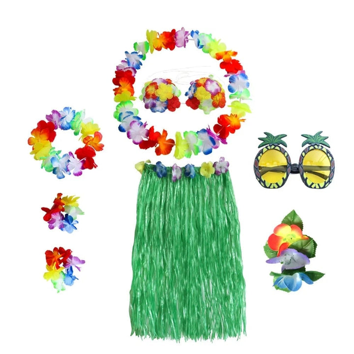Halloween Grass Skirt Costume Two Piece Set with Floral Lei and Accessories for Hula Party Outfit