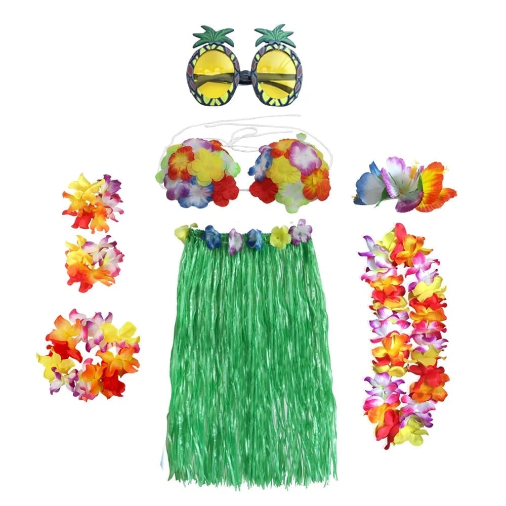 Halloween Grass Skirt Costume Two Piece Set with Floral Lei and Accessories for Hula Party Outfit