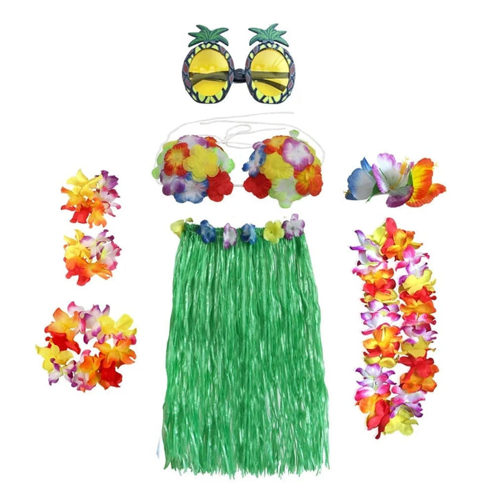 Halloween Grass Skirt Costume Two Piece Set with Floral Lei and Accessories for Hula Party Outfit