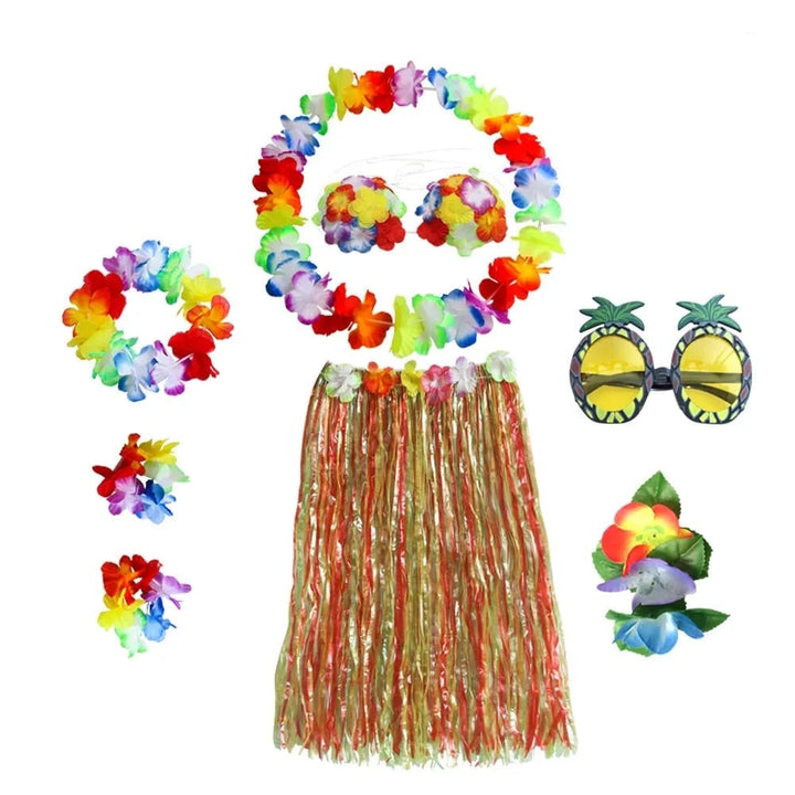 Halloween Grass Skirt Costume Two Piece Set with Floral Lei and Accessories for Hula Party Outfit