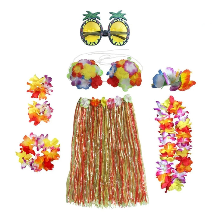 Halloween Grass Skirt Costume Two Piece Set with Floral Lei and Accessories for Hula Party Outfit
