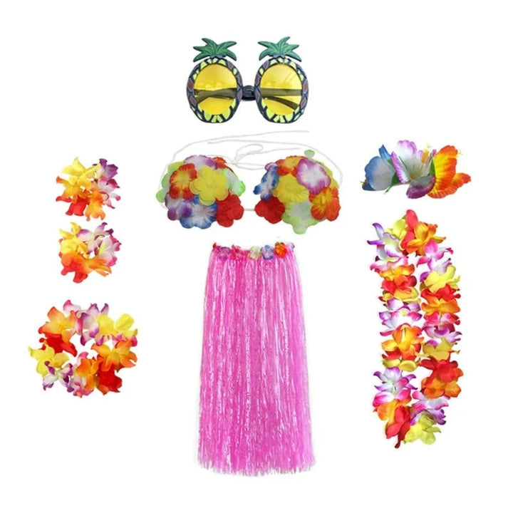 Halloween Grass Skirt Costume Two Piece Set with Floral Lei and Accessories for Hula Party Outfit