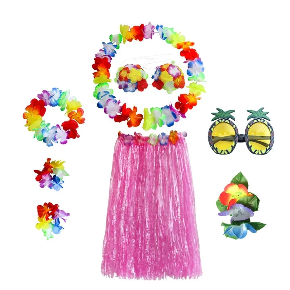 Halloween Grass Skirt Costume Two Piece Set with Floral Lei and Accessories for Hula Party Outfit