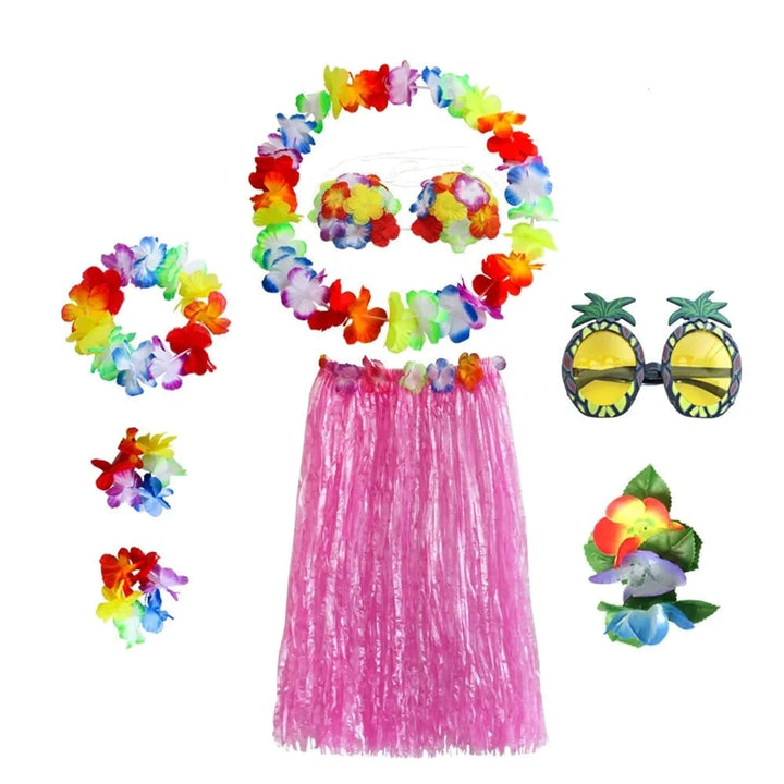 Halloween Grass Skirt Costume Two Piece Set with Floral Lei and Accessories for Hula Party Outfit