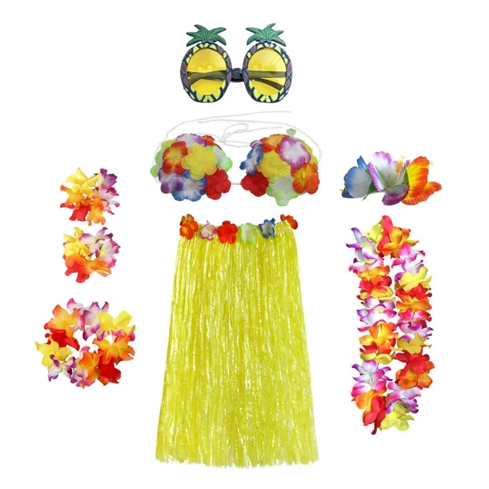 Halloween Grass Skirt Costume Two Piece Set with Floral Lei and Accessories for Hula Party Outfit