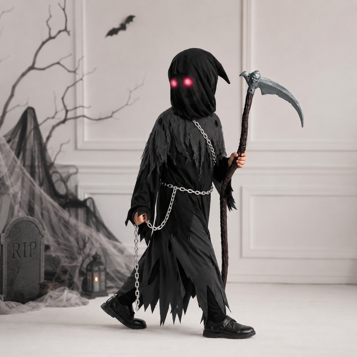 Halloween Grim Reaper Costume with Glowing Eyes Hooded Robe Skeleton Gloves and Toy Scythe