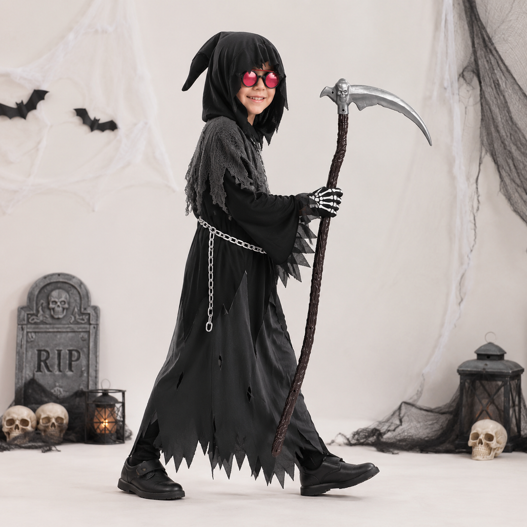 Halloween Grim Reaper Costume with Glowing Eyes Hooded Robe Skeleton Gloves and Toy Scythe