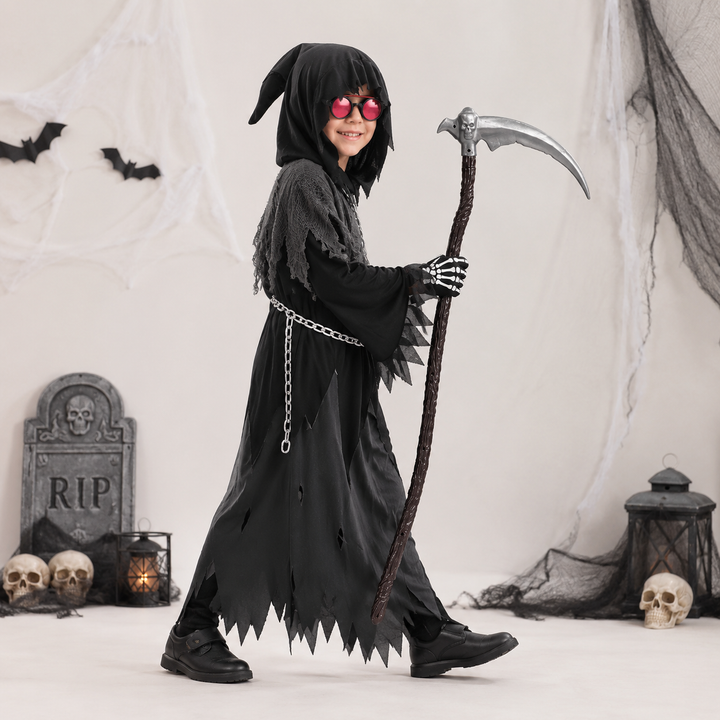 Halloween Grim Reaper Costume with Glowing Eyes Hooded Robe Skeleton Gloves and Toy Scythe