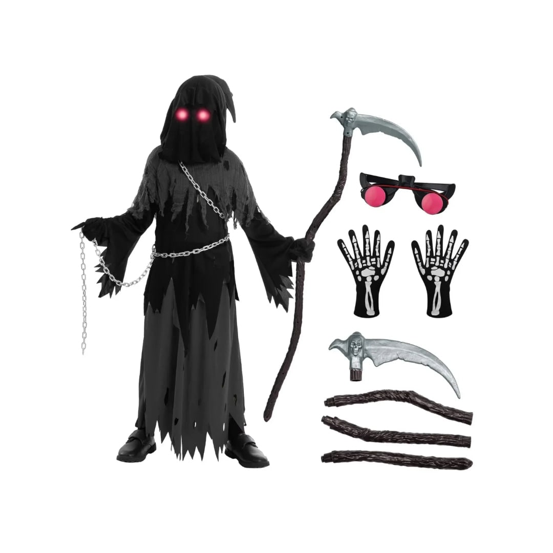 Halloween Grim Reaper Costume with Glowing Eyes Hooded Robe Skeleton Gloves and Toy Scythe