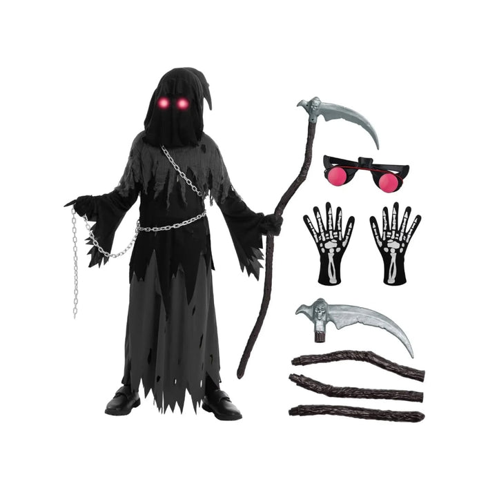 Halloween Grim Reaper Costume with Glowing Eyes Hooded Robe Skeleton Gloves and Toy Scythe