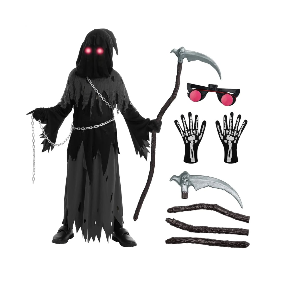 Halloween Grim Reaper Costume with Glowing Eyes Hooded Robe Skeleton Gloves and Toy Scythe