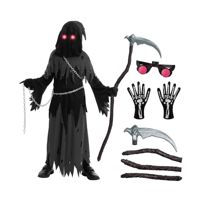 Halloween Grim Reaper Costume with Glowing Eyes Hooded Robe Skeleton Gloves and Toy Scythe