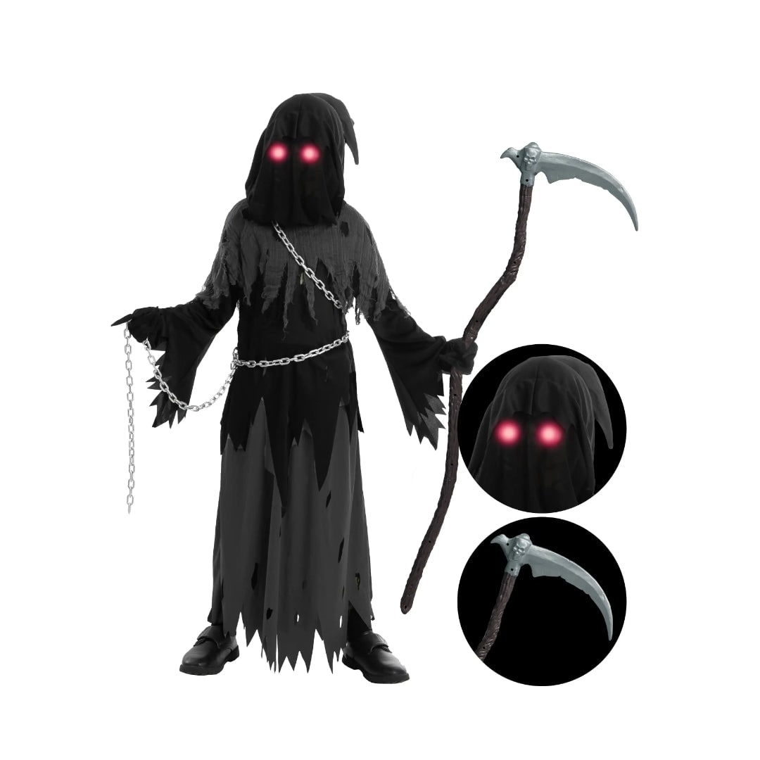 Halloween Grim Reaper Costume with Glowing Eyes Hooded Robe Skeleton Gloves and Toy Scythe