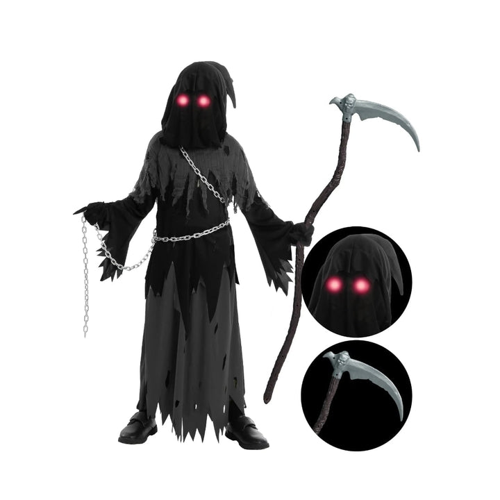 Halloween Grim Reaper Costume with Glowing Eyes Hooded Robe Skeleton Gloves and Toy Scythe