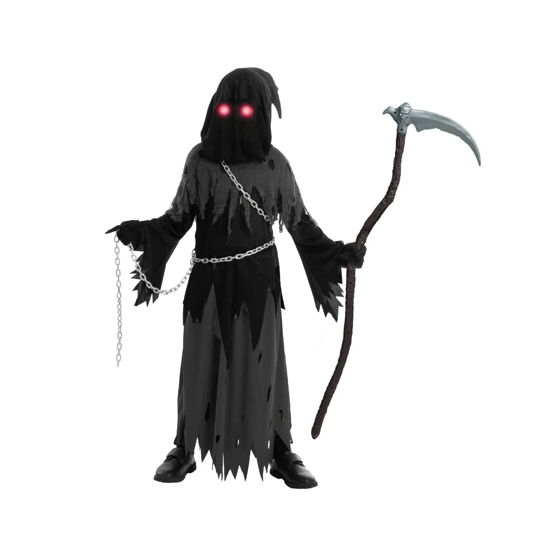 Halloween Grim Reaper Costume with Glowing Eyes Hooded Robe Skeleton Gloves and Toy Scythe
