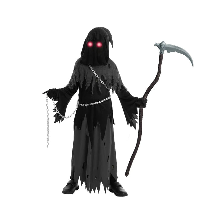 Halloween Grim Reaper Costume with Glowing Eyes Hooded Robe Skeleton Gloves and Toy Scythe