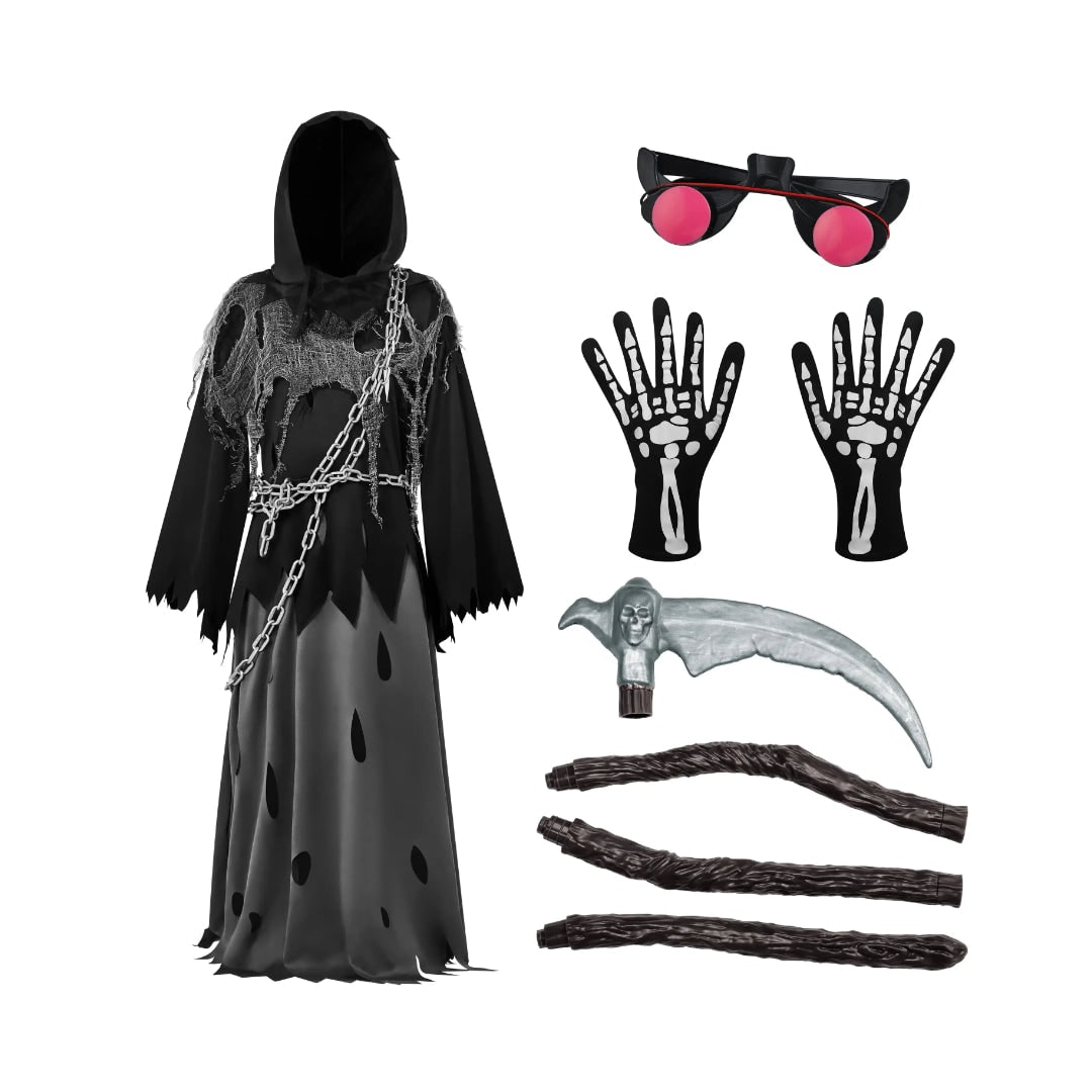 Halloween Grim Reaper Costume with Glowing Eyes Hooded Robe Skeleton Gloves and Toy Scythe