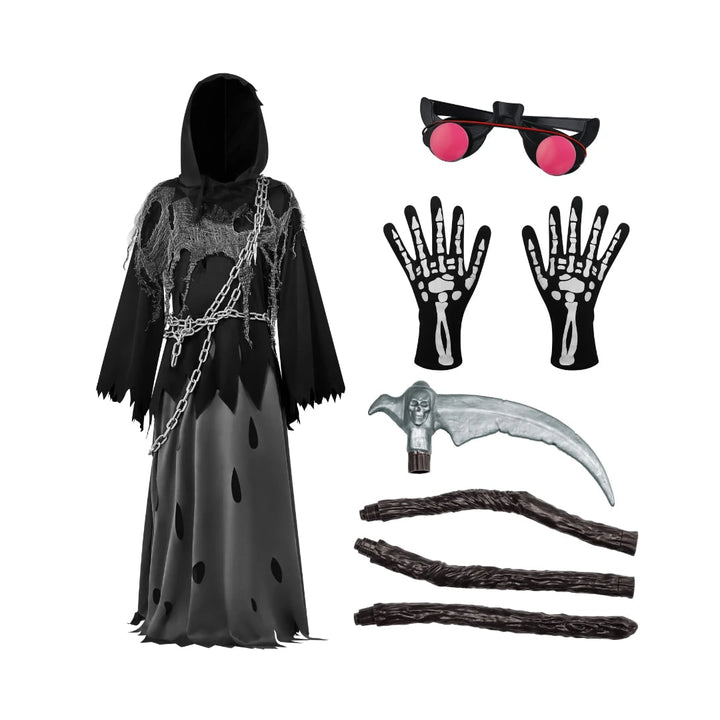 Halloween Grim Reaper Costume with Glowing Eyes Hooded Robe Skeleton Gloves and Toy Scythe