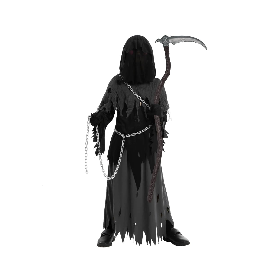 Halloween Grim Reaper Costume with Glowing Eyes Hooded Robe Skeleton Gloves and Toy Scythe