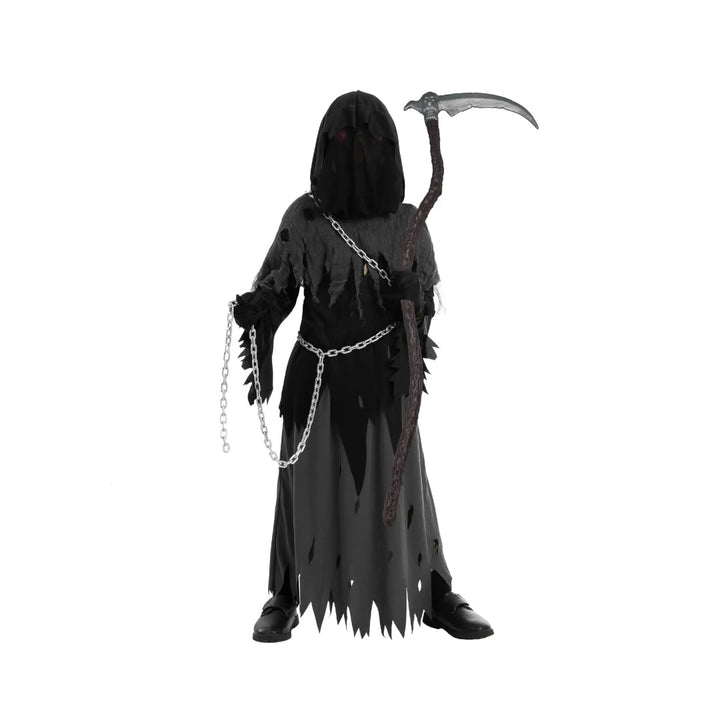 Halloween Grim Reaper Costume with Glowing Eyes Hooded Robe Skeleton Gloves and Toy Scythe