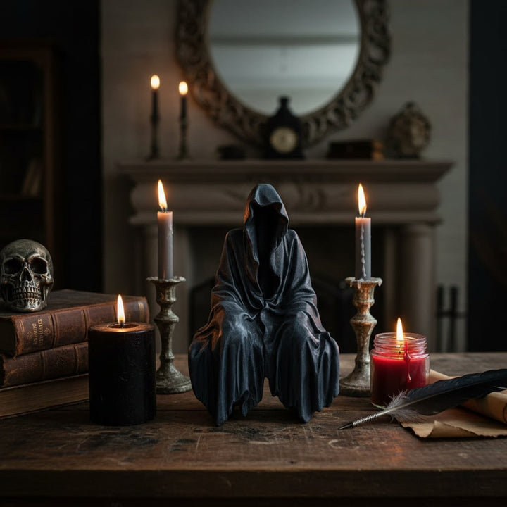 Halloween Grim Reaper Decor Statue Figurine with Hooded Draped Robe Design Shelf Sitter